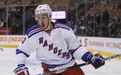 Feb 18, 2016; Toronto, Ontario, CAN; New York Rangers forward Kevin Hayes (13) during the pre game warm up against the Toronto Maple Leafs at the Air Canada Centre. Mandatory Credit: John E. Sokolowski-USA TODAY Sports