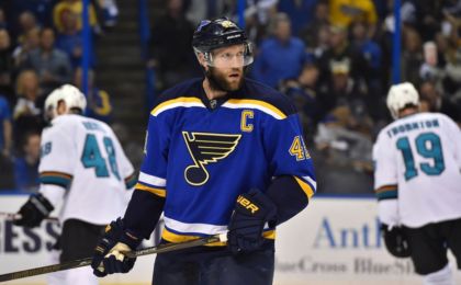 May 15, 2016; St. Louis, MO, USA; St. Louis Blues center David Backes (42) looks on in the game against the San Jose Sharks during the first period in game one of the Western Conference Final of the 2016 Stanley Cup Playoffs at Scottrade Center. Mandatory Credit: Jasen Vinlove-USA TODAY Sports