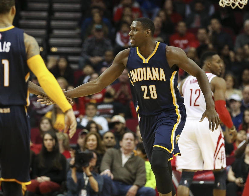 Jan 10, 2016; Houston, TX, USA; Indiana Pacers center Ian Mahinmi (28) celebrates after scoring a basket during the fourth quarter against the Houston Rockets at Toyota Center. Mandatory Credit: Troy Taormina-USA TODAY Sports