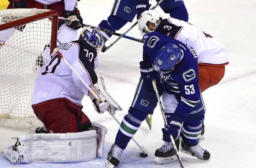 Feb 4, 2016; Vancouver, British Columbia, CAN; Columbus Blue Jackets goaltender Joonas Korpisalo (70) defends against Vancouver Canucks forward Bo Hovat (53) during the third period at Rogers Arena. The Blue Jackets won 2-1. Mandatory Credit: Anne-Marie Sorvin-USA TODAY Sports