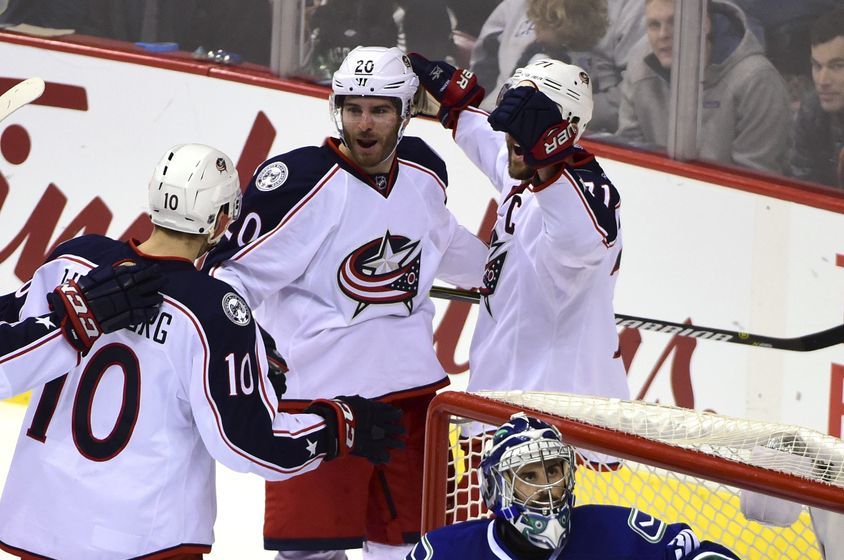 Dec 18, 2016; Vancouver, British Columbia, CAN; Columbus Blue Jackets forward Brandon Saad (20) celebrates his goal against Vancouver Canucks goaltender Ryan Miller (30) during the third period at Rogers Arena. The Columbus Blue Jackets won 4-3. Mandatory Credit: Anne-Marie Sorvin-USA TODAY Sports