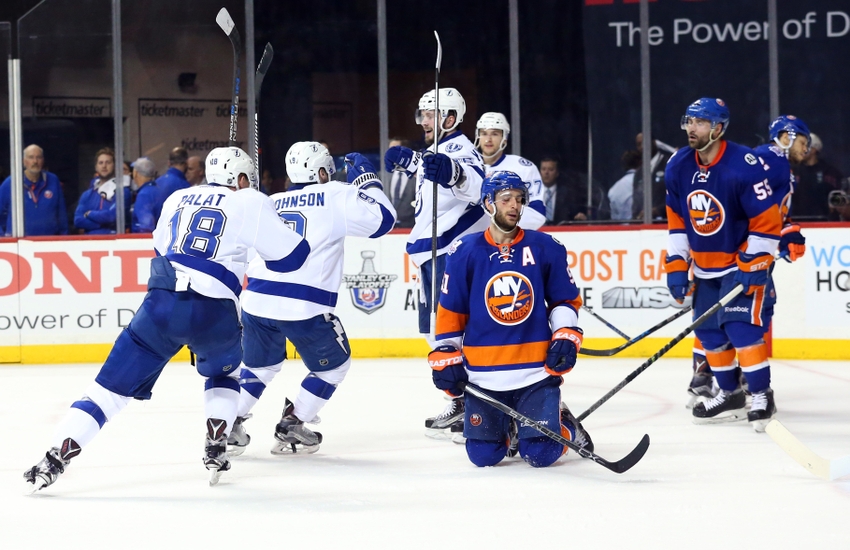 May 3, 2016; Brooklyn, NY, USA; Tampa Bay Lightning celebrates a goal in game three of the second round of the 2016 Stanley Cup Playoffs against the New York Islanders at Barclays Center. Tampa Bay Lightning won 5-4. Mandatory Credit: Anthony Gruppuso-USA TODAY Sports