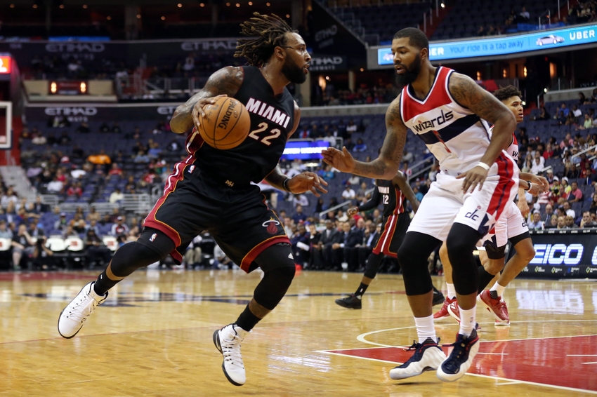 Oct 4, 2016; Washington, DC, USA; Miami Heat forward Derrick Williams (22) dribbles the ball as Washington Wizards forward Markieff Morris (5) defends in the second quarter quarter at Verizon Center. the Heat won 106-95. Mandatory Credit: Geoff Burke-USA TODAY Sports