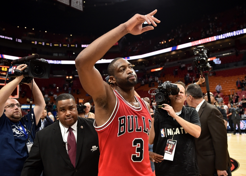 Nov 10, 2016; Miami, FL, USA; Chicago Bulls guard Dwyane Wade (3) waves to the fans after defeating the Miami Heat 98-95 at American Airlines Arena. Mandatory Credit: Steve Mitchell-USA TODAY Sports