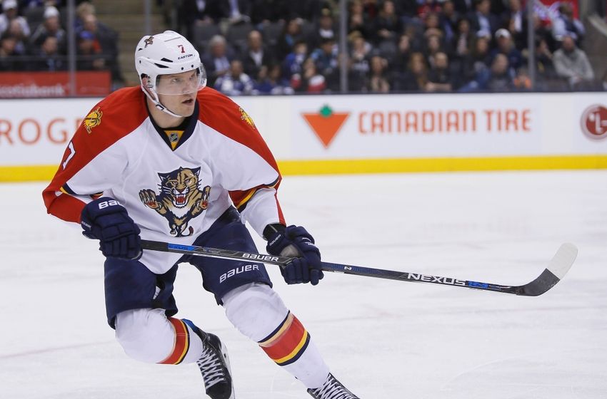 Apr 4, 2016; Toronto, Ontario, CAN; Florida Panthers defenseman Dmitry Kulikov (7) skates against the Toronto Maple Leafs at the Air Canada Centre. Florida defeated Toronto 4-3. Mandatory Credit: John E. Sokolowski-USA TODAY Sports