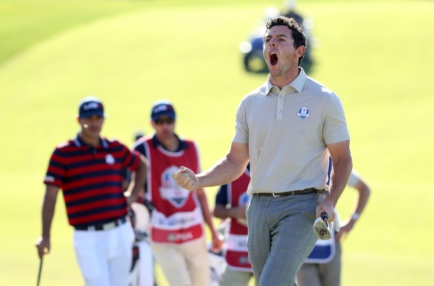 Oct 1, 2016; Chaska, MN, USA; Rory McIlroy of Northern Ireland reacts to making a birdie on the tenth hole during the morning foursome matches in the 41st Ryder Cup at Hazeltine National Golf Club. Mandatory Credit: Rob Schumacher-USA TODAY Sports