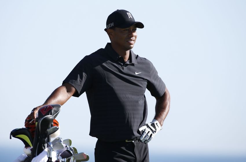 Aug 12, 2015; Sheboygan, WI, USA; Tiger Woods on the 17th tee during a practice round for the 2015 PGA Championship golf tournament at Whistling Straits -The Straits Course. Mandatory Credit: Brian Spurlock-USA TODAY Sports