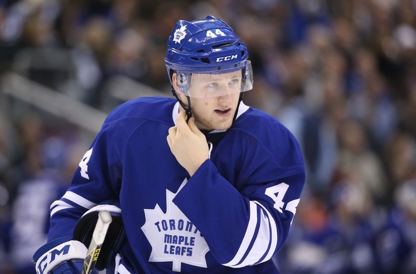 Dec 19, 2015; Toronto, Ontario, CAN; Toronto Maple Leafs defenseman Morgan Rielly (44) during their game against the Los Angeles Kings at Air Canada Centre. The Maple Leafs beat the Kings 5-0. Mandatory Credit: Tom Szczerbowski-USA TODAY Sports