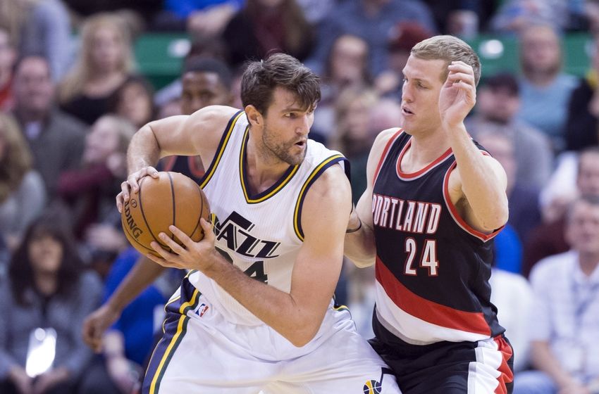 Dec 31, 2015; Salt Lake City, UT, USA; Utah Jazz center Jeff Withey (24) defended by Portland Trail Blazers center Mason Plumlee (24) in the second half at Vivint Smart Home Arena. Mandatory Credit: Rob Gray-USA TODAY Sports