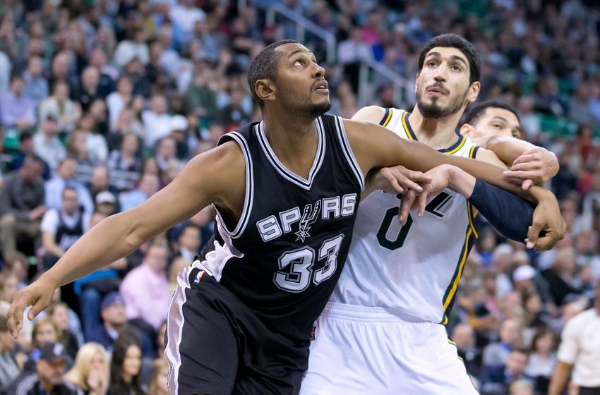 Dec 9, 2014; Salt Lake City, UT, USA; San Antonio Spurs forward Boris Diaw (33) boxes out Utah Jazz center Enes Kanter (0) during the second half at EnergySolutions Arena. The Jazz won 100-96. Mandatory Credit: Russ Isabella-USA TODAY Sports