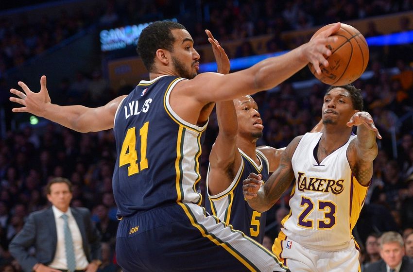 Jan 10, 2016; Los Angeles, CA, USA; Utah Jazz guard Rodney Hood (5) defends as Utah Jazz forward Trey Lyles (41) blocks a pass under the basket by Los Angeles Lakers guard Louis Williams (23) in the first quarter of the game at Staples Center. Mandatory Credit: Jayne Kamin-Oncea-USA TODAY Sports