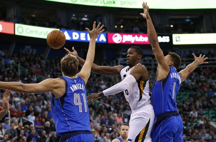 Nov 2, 2016; Salt Lake City, UT, USA; Utah Jazz forward Joe Johnson (6) passes the ball against Dallas Mavericks forward Dirk Nowitzki (41) and guard Justin Anderson (1) in the fourth quarter at Vivint Smart Home Arena. The Utah Jazz defeated the Dallas Mavericks 97-81. Mandatory Credit: Jeff Swinger-USA TODAY Sports