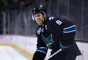 Jan 24, 2016; San Jose, CA, USA; San Jose Sharks center Joe Pavelski (8) looks on between plays against the Los Angeles Kings during the second period at SAP Center at San Jose. Mandatory Credit: Kelley L Cox-USA TODAY Sports