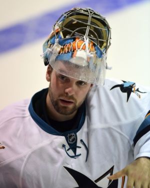 Sep 21, 2015; Victoria, British Columbia, CAN; San Jose Sharks goaltender Aaron Dell (30) awaits start of play against the Vancouver Canucks during the third period at Q Centre. The Vancouver Canucks won 1-0 in overtime. Mandatory Credit: Anne-Marie Sorvin-USA TODAY Sports