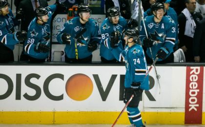 Jan 26, 2016; San Jose, CA, USA; San Jose Sharks defenseman Dylan DeMelo (74) celebrates his first career NHL goal in the game against the Colorado Avalanche in the 3rd period at SAP Center at San Jose. Mandatory Credit: John Hefti-USA TODAY Sports. The Sharks won 6-1.