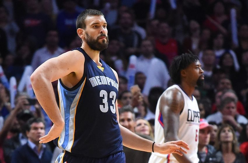 Nov 16, 2016; Los Angeles, CA, USA; Memphis Grizzlies center Marc Gasol (33) celebrates after a three point basket in the second half of the game against the Los Angeles Clippers at Staples Center. Grizzlies won 111-107. Mandatory Credit: Jayne Kamin-Oncea-USA TODAY Sports