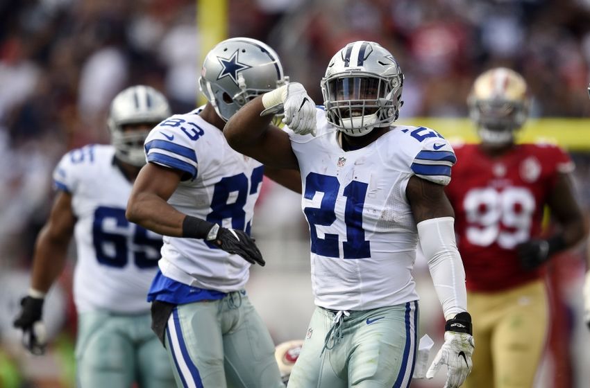 Oct 2, 2016; Santa Clara, CA, USA; Dallas Cowboys running back Ezekiel Elliott (21) reacts during the fourth quarter against the San Francisco 49ers at Levi