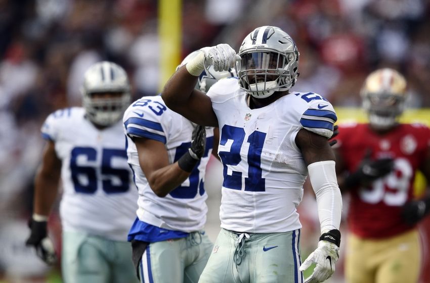 Oct 2, 2016; Santa Clara, CA, USA; Dallas Cowboys running back Ezekiel Elliott (21) reacts during the fourth quarter against the San Francisco 49ers at Levi
