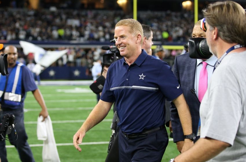 Oct 30, 2016; Arlington, TX, USA; Dallas Cowboys head coach Jason Garrett smiles after the overtime victory against the Philadelphia Eagles at AT&T Stadium. The Cowboys beat the Eagles 29-23 in overtime. Mandatory Credit: Matthew Emmons-USA TODAY Sports