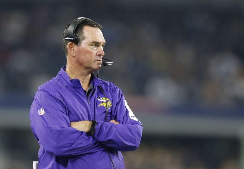 Aug 29, 2015; Arlington, TX, USA; Minnesota Vikings head coach Mike Zimmer on the sidelines during the game against the Dallas Cowboys at AT&T Stadium. Mandatory Credit: Matthew Emmons-USA TODAY Sports