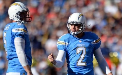 Nov 22, 2015; San Diego, CA, USA; San Diego Chargers kicker Josh Lambo (2) celebrates a field goal with punter Mike Scifres (5) during the second quarter against the Kansas City Chiefs at Qualcomm Stadium. Mandatory Credit: Jake Roth-USA TODAY Sports