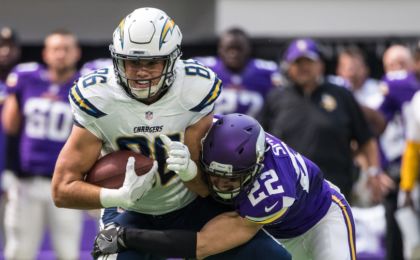 Aug 28, 2016; Minneapolis, MN, USA; San Diego Chargers tight end Hunter Henry (86) carries the ball as Minnesota Vikings safety Harrison Smith (22) tackles during the first quarter in a preseason game at U.S. Bank Stadium. Mandatory Credit: Brace Hemmelgarn-USA TODAY Sports