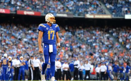 Oct 13, 2016; San Diego, CA, USA; San Diego Chargers quarterback Philip Rivers (17) walks onto the field during the first quarter against the Denver Broncos at Qualcomm Stadium. Mandatory Credit: Jake Roth-USA TODAY Sports