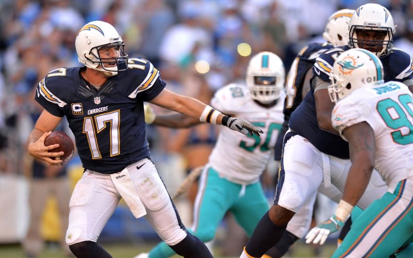 Nov 13, 2016; San Diego, CA, USA; San Diego Chargers quarterback Philip Rivers (17) drops back to pass during the fourth quarter against the Miami Dolphins at Qualcomm Stadium. Mandatory Credit: Jake Roth-USA TODAY Sports