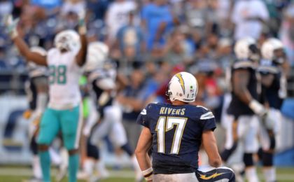 Nov 13, 2016; San Diego, CA, USA; San Diego Chargers quarterback Philip Rivers (17) reacts after throwing a fourth quarter interception against the Miami Dolphins at Qualcomm Stadium. Mandatory Credit: Jake Roth-USA TODAY Sports
