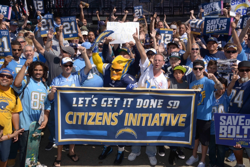 Apr 23 2016 San Diego CA USA San Diego Chargers fan Dan Jauregui aka Boltman poses with Charger fans during rally to gather signatures for citizen