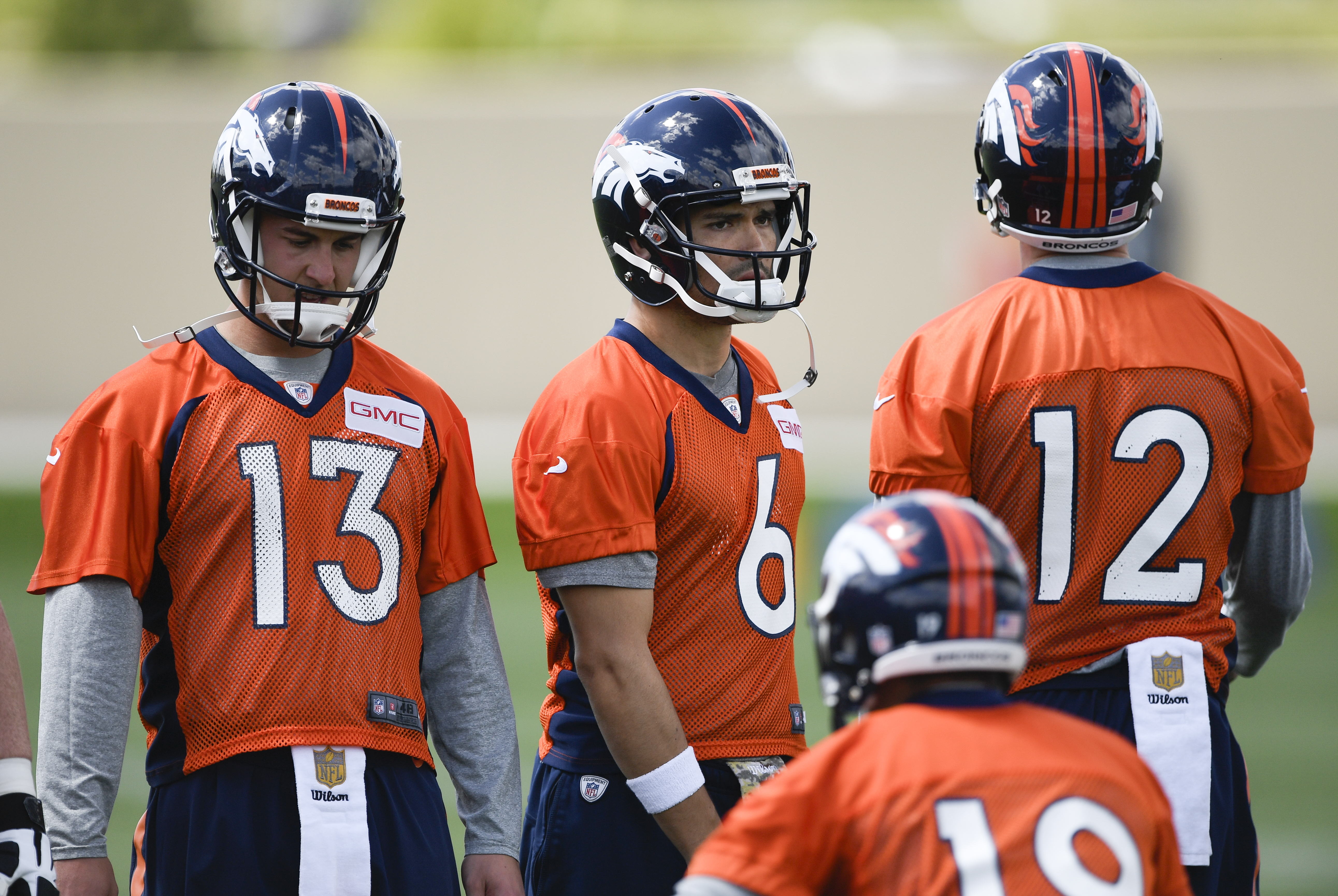 ENGLEWOOD, CO - MAY 24: Denver Broncos quarterbacks Trevor Simian (13) Mark Sanchez (6) Paxton Lynch (12) during OTA's May 24, 2016 at UCHealth Training Facility. (Photo By John Leyba/The Denver Post via Getty Images)