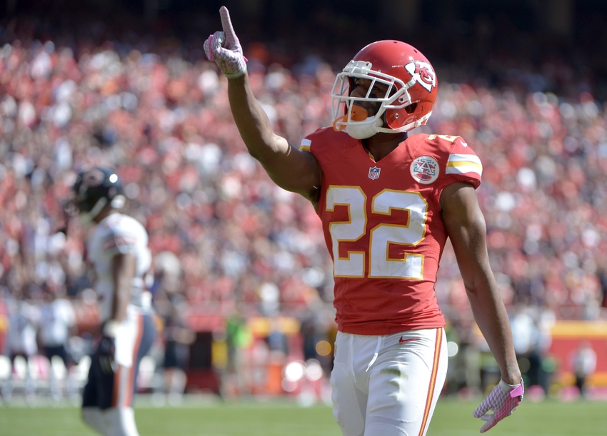 Oct 11, 2015; Kansas City, MO, USA; Kansas City Chiefs cornerback Marcus Peters (22) celebrates after breaking up a pass during the first half against the Chicago Bears at Arrowhead Stadium. Mandatory Credit: Denny Medley-USA TODAY Sports