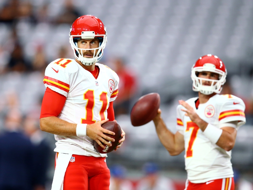 Aug 15, 2015; Glendale, AZ, USA; Kansas City Chiefs quarterback Alex Smith (11) and Aaron Murray (7) against the Arizona Cardinals during a preseason NFL football game at University of Phoenix Stadium. Mandatory Credit: Mark J. Rebilas-USA TODAY Sports