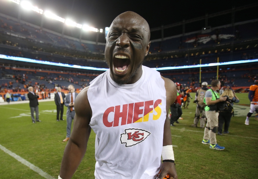 Nov 15, 2015; Denver, CO, USA; Kansas City Chiefs outside linebacker Justin Houston (50) reacts after the game against the Denver Broncos at Sports Authority Field at Mile High. The Chiefs won 29-13. Mandatory Credit: Chris Humphreys-USA TODAY Sports