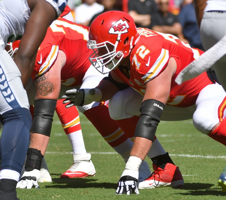 Aug 13, 2016; Kansas City, MO, USA; Kansas City Chiefs tackle Eric Fisher (72) at the line of scrimmage during the first half against the Seattle Seahawks at Arrowhead Stadium. Seattle won 17-16. Mandatory Credit: Denny Medley-USA TODAY Sports