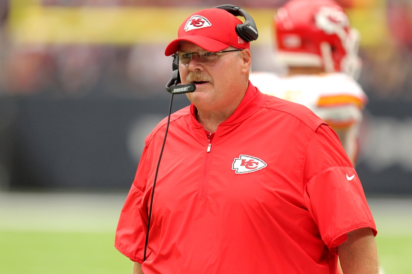 Sep 18, 2016; Houston, TX, USA; Kansas City Chiefs head coach Andy Reid argues a call on the sideline during the second quarter against the Houston Texans at NRG Stadium. Mandatory Credit: Erik Williams-USA TODAY Sports