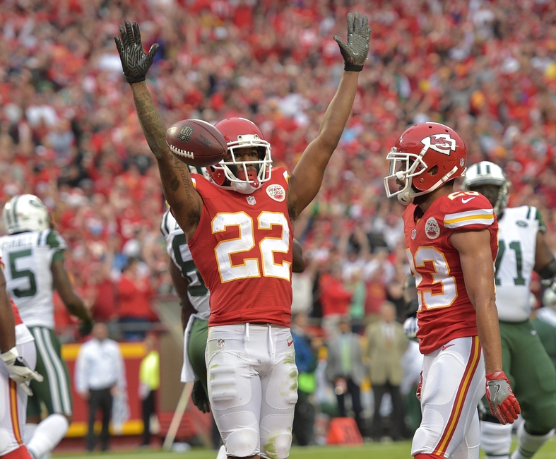 Sep 25, 2016; Kansas City, MO, USA; Kansas City Chiefs cornerback Marcus Peters (22) celebrates after intercepting a pass in the end zone during the second half against the New York Jets at Arrowhead Stadium. The Chiefs won 24-3. Mandatory Credit: Denny Medley-USA TODAY Sports