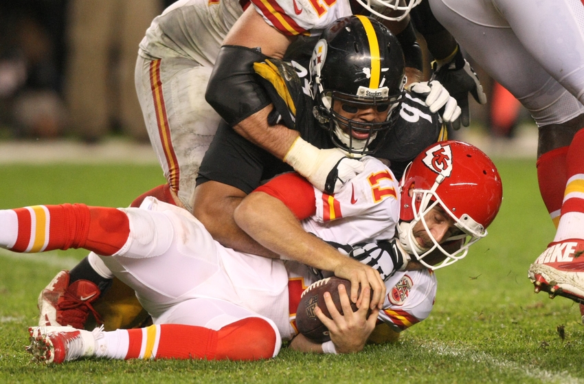 Oct 2, 2016; Pittsburgh, PA, USA; Pittsburgh Steelers defensive end Cameron Heyward (97) sacks Kansas City Chiefs quarterback Alex Smith (11) during the second half at Heinz Field. The Steelers won the game, 43-14. Mandatory Credit: Jason Bridge-USA TODAY Sports