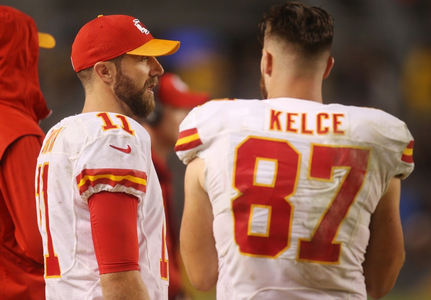 Oct 2, 2016; Pittsburgh, PA, USA; Kansas City Chiefs quarterback Alex Smith (11) and tight end Travis Kelce (87) talk on the sidelines against the Pittsburgh Steelers during the fourth quarter at Heinz Field. The Steelers won 43-14. Mandatory Credit: Charles LeClaire-USA TODAY Sports