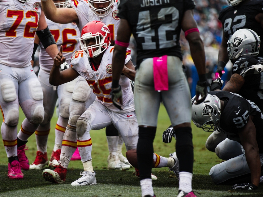 Oct 16, 2016; Oakland, CA, USA; Kansas City Chiefs running back Jamaal Charles (25) after scoring a touchdown against the Oakland Raiders during the second quarter at Oakland Coliseum. Mandatory Credit: Kelley L Cox-USA TODAY Sports