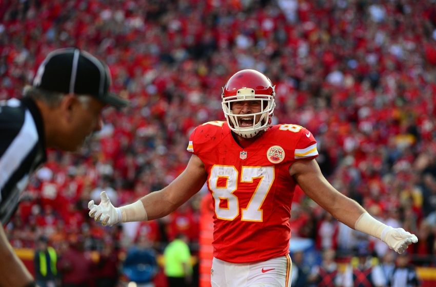 Nov 6, 2016; Kansas City, MO, USA; Kansas City Chiefs tight end Travis Kelce (87) reacts after the Jacksonville Jaguars did not receive a pass interference call during the second half at Arrowhead Stadium. The Chiefs won 19-14. Mandatory Credit: Jeff Curry-USA TODAY Sports