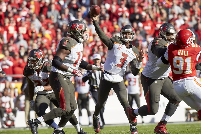 Nov 20, 2016; Kansas City, MO, USA; Tampa Bay Buccaneers quarterback Jameis Winston (3) throws a pass in the first half against the Kansas City Chiefs at Arrowhead Stadium. Mandatory Credit: Gary Rohman-USA TODAY Sports
