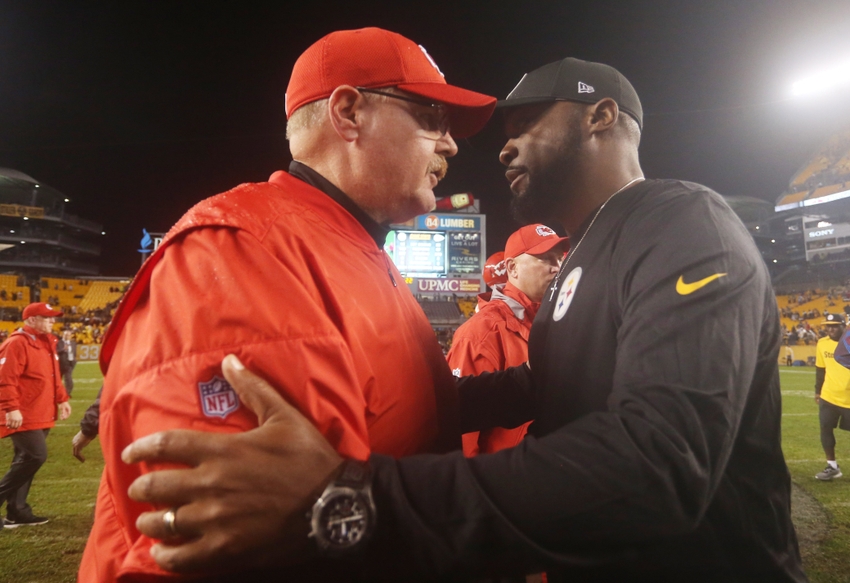 Oct 2, 2016; Pittsburgh, PA, USA; Kansas City Chiefs head coach Andy Reid (L) and Pittsburgh Steelers head coach Mike Tomlin (R) meet at mid-field after their game at Heinz Field. The Steelers won 43-14. Mandatory Credit: Charles LeClaire-USA TODAY Sports