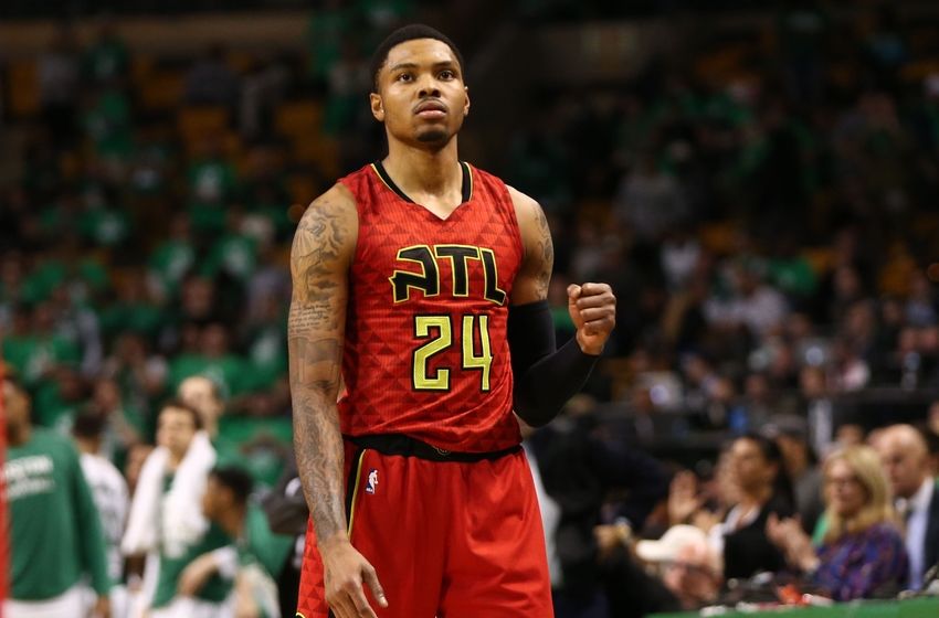 Apr 28, 2016; Boston, MA, USA; Atlanta Hawks forward Kent Bazemore (24) celebrates a victory against the Boston Celtics in game six of the first round of the NBA Playoffs at TD Garden. Mandatory Credit: Mark L. Baer-USA TODAY Sports