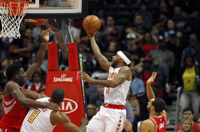 Nov 5, 2016; Atlanta, GA, USA; Atlanta Hawks guard Malcolm Delaney (5) shoots a layup against the Houston Rockets in the second quarter at Philips Arena. Mandatory Credit: Brett Davis-USA TODAY Sports