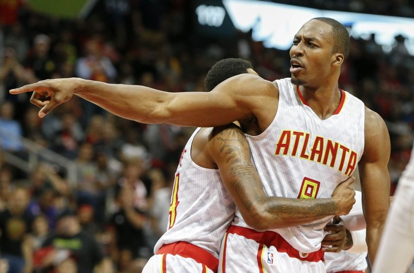 Nov 5, 2016; Atlanta, GA, USA; Atlanta Hawks center Dwight Howard (8) reacts after a foul call against the Houston Rockets in the second quarter at Philips Arena. Mandatory Credit: Brett Davis-USA TODAY Sports