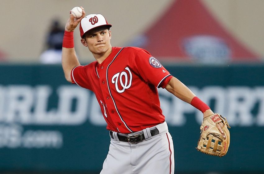 Mar 12, 2016; Lake Buena Vista, FL, USA; Washington Nationals shortstop Trea Turner (7) throws to first base during the first inning of a spring training baseball game against the Atlanta Braves at Champion Stadium. Mandatory Credit: Reinhold Matay-USA TODAY Sports