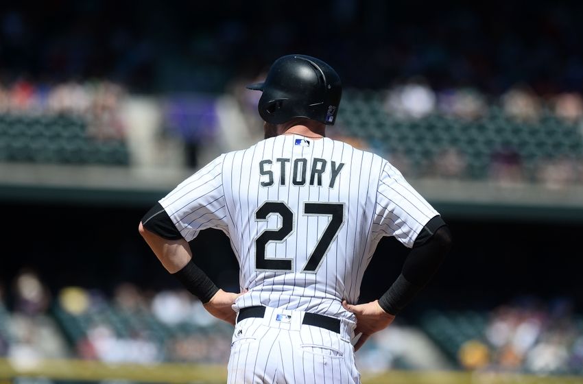 Jun 26, 2016; Denver, CO, USA; Colorado Rockies shortstop Trevor Story (27) during in the ninth inning against the Arizona Diamondbacks at Coors Field. The Rockies won 9-7. Mandatory Credit: Ron Chenoy-USA TODAY Sports