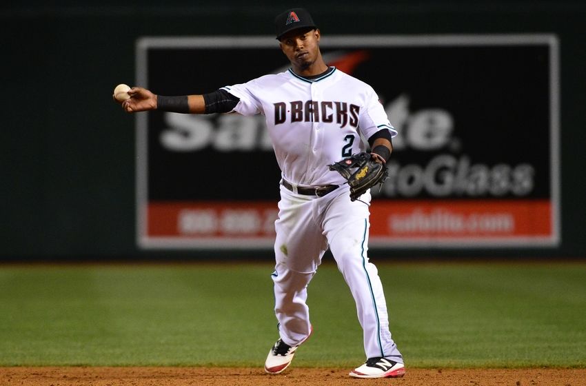 Apr 5, 2016; Phoenix, AZ, USA; Arizona Diamondbacks infielder Jean Segura (2) throws the ball to first base to make an out against the Colorado Rockies at Chase Field. The Arizona Diamondbacks won 11-6. Mandatory Credit: Jennifer Stewart-USA TODAY Sports