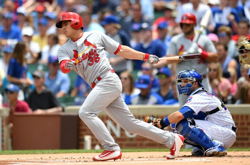 Jun 22, 2016; Chicago, IL, USA; St. Louis Cardinals shortstop Aledmys Diaz (36) hits a single during the first inning against the Chicago Cubs at Wrigley Field. Mandatory Credit: Patrick Gorski-USA TODAY Sports